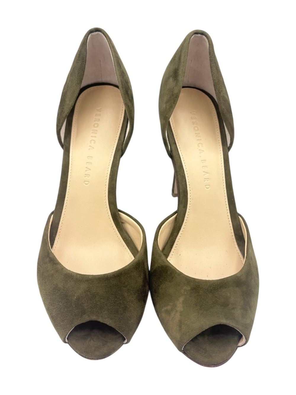 VERONICA BEARD Gadot Olive Suede Peep Toe Pump Stiletto Heels Size 7M MSRP $395